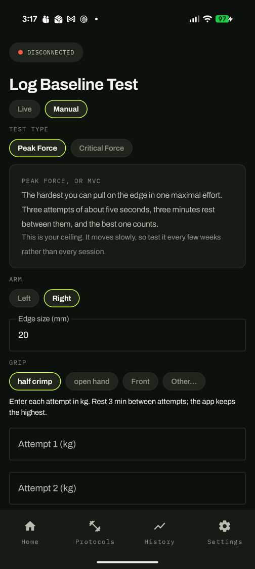 Log baseline test screen explaining what peak force measures.