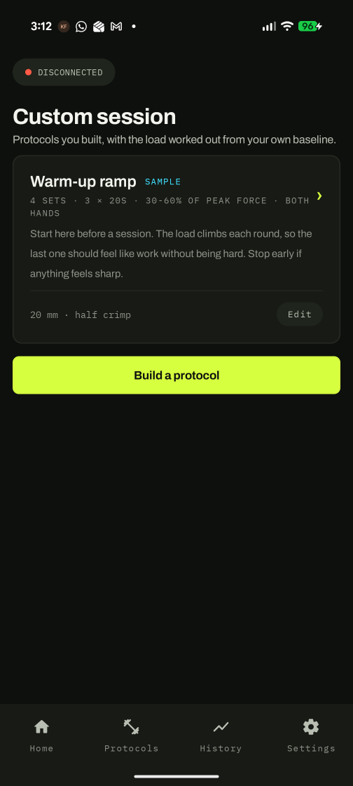 Custom session list showing a warm-up ramp protocol.