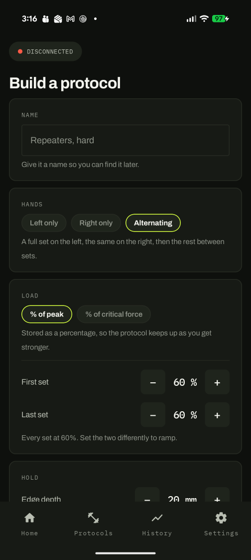 Protocol builder with hand mode and load controls.