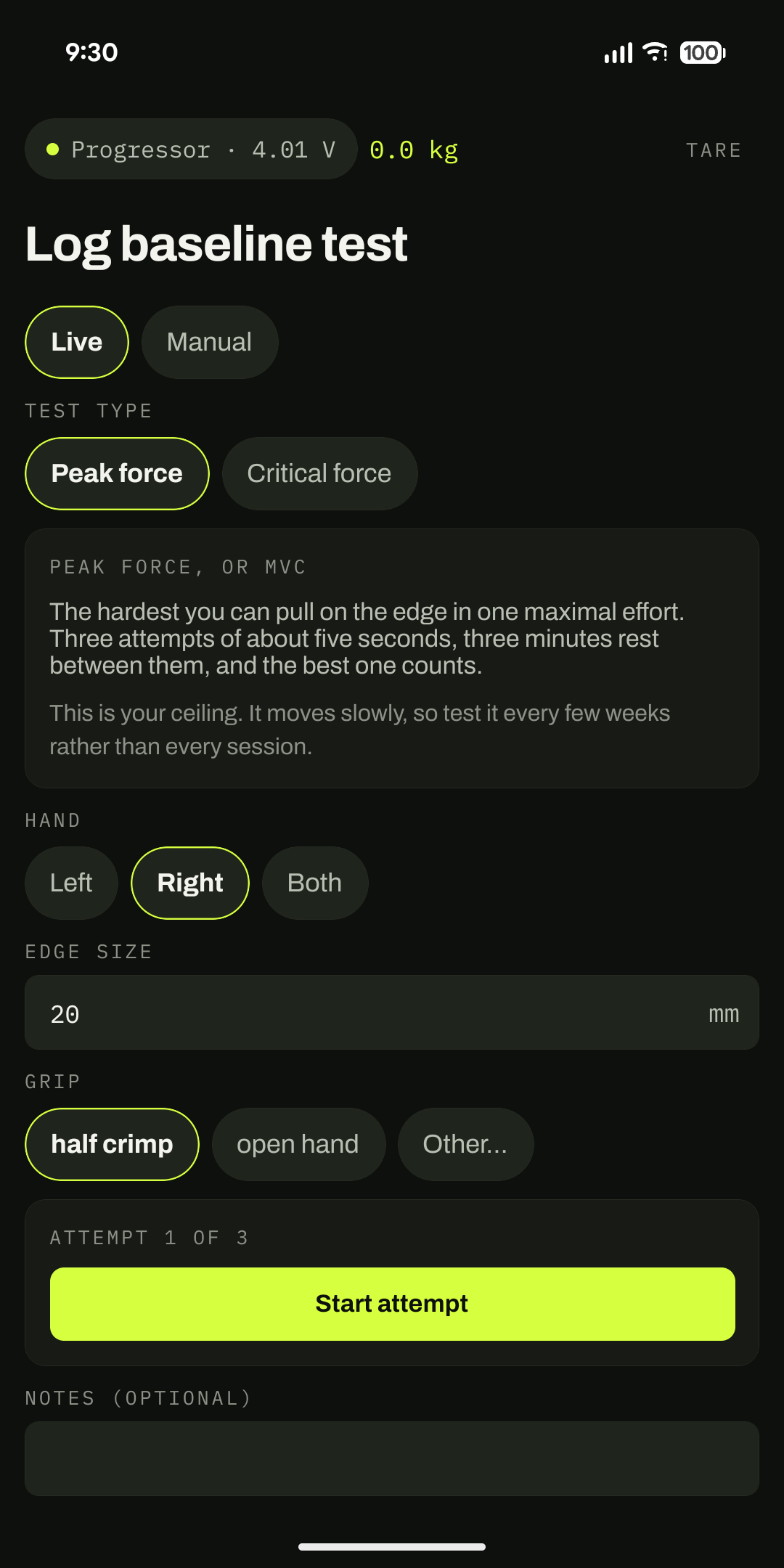 Log baseline test screen explaining peak force, with a choice of left, right or both hands.