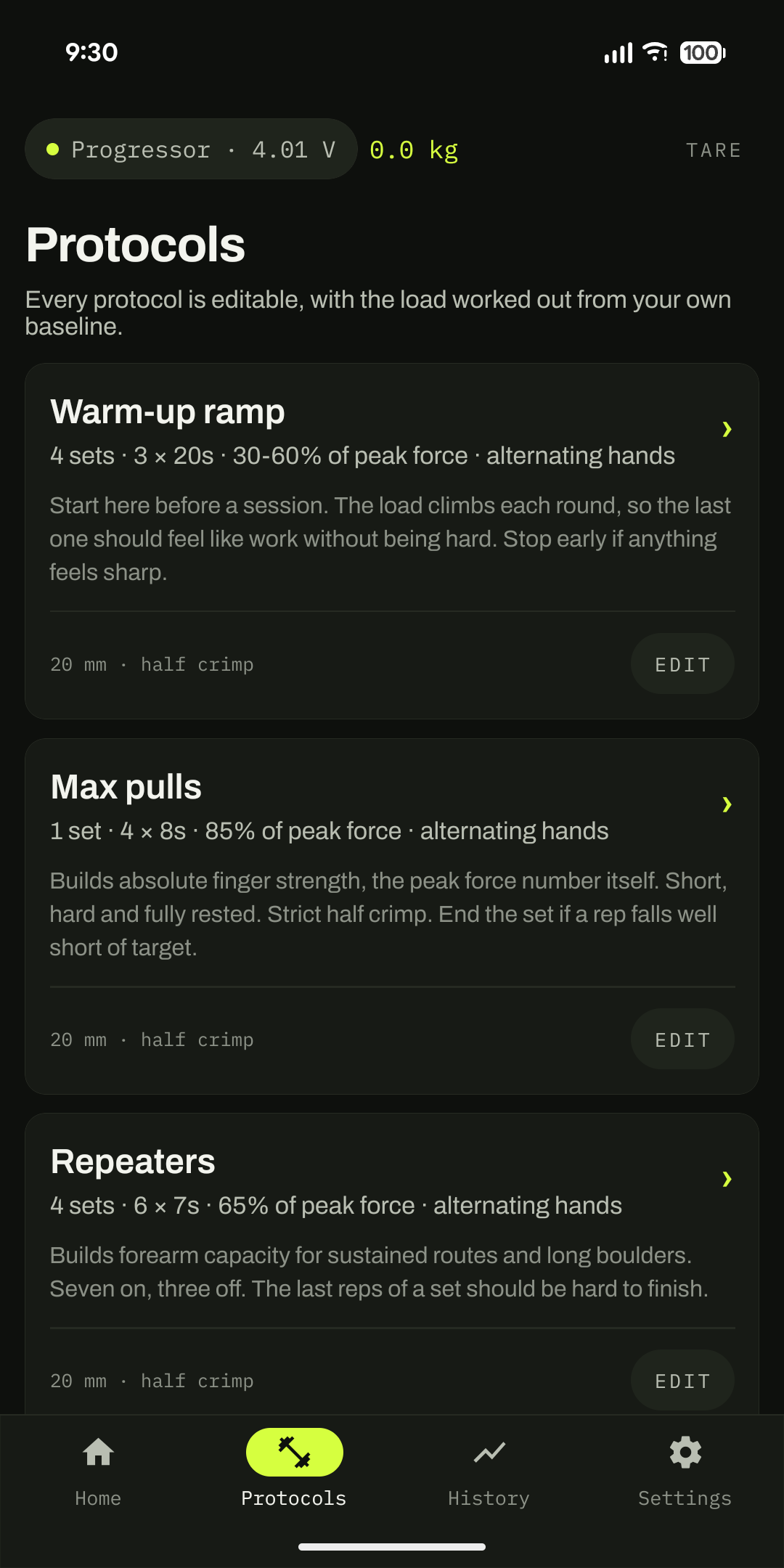 The Protocols list: warm-up ramp, max pulls and repeaters, each editable.