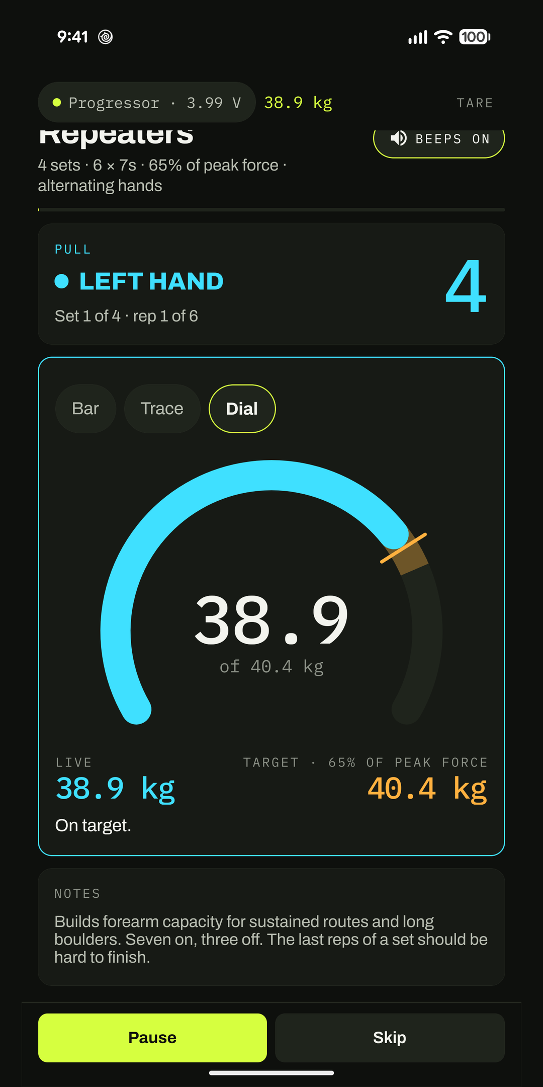 Repeaters running with beeps on: left hand, set 1 of 4, the dial reading 38.9 of a 40.4 kg target, on target.