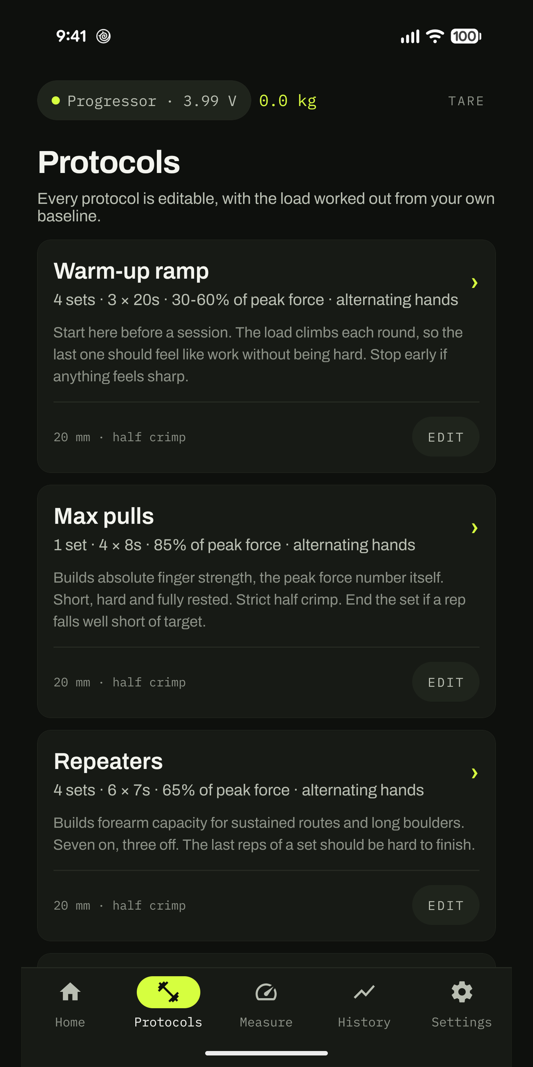 The Protocols list: warm-up ramp, max pulls and repeaters, each editable.
