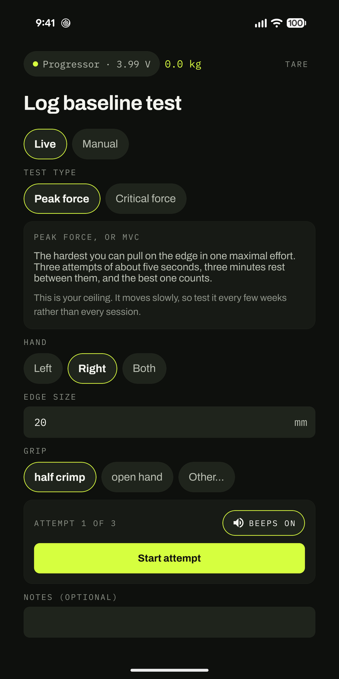 Log baseline test screen explaining peak force, with a choice of left, right or both hands.