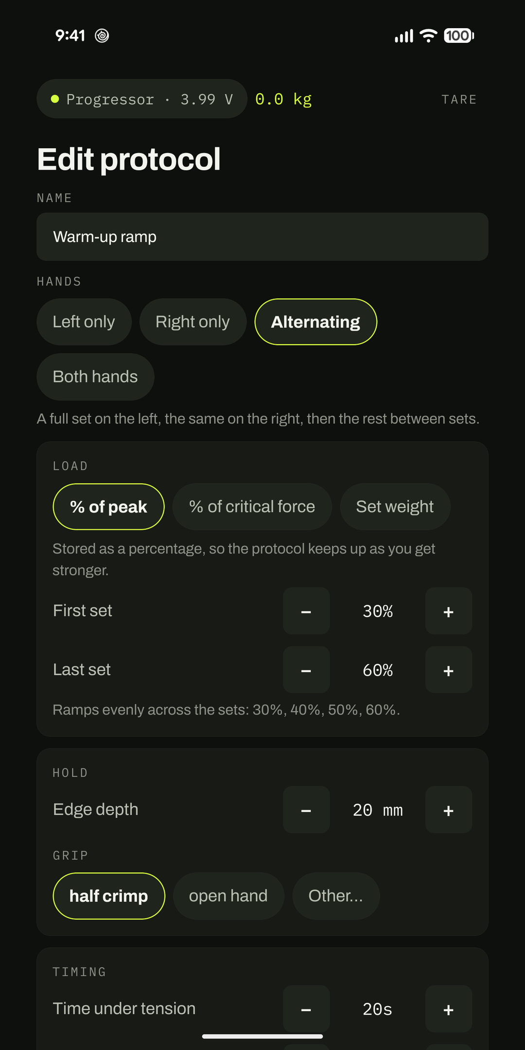 Editing the warm-up ramp: left, right, alternating or both hands, ramping from 30 to 60 percent of peak.